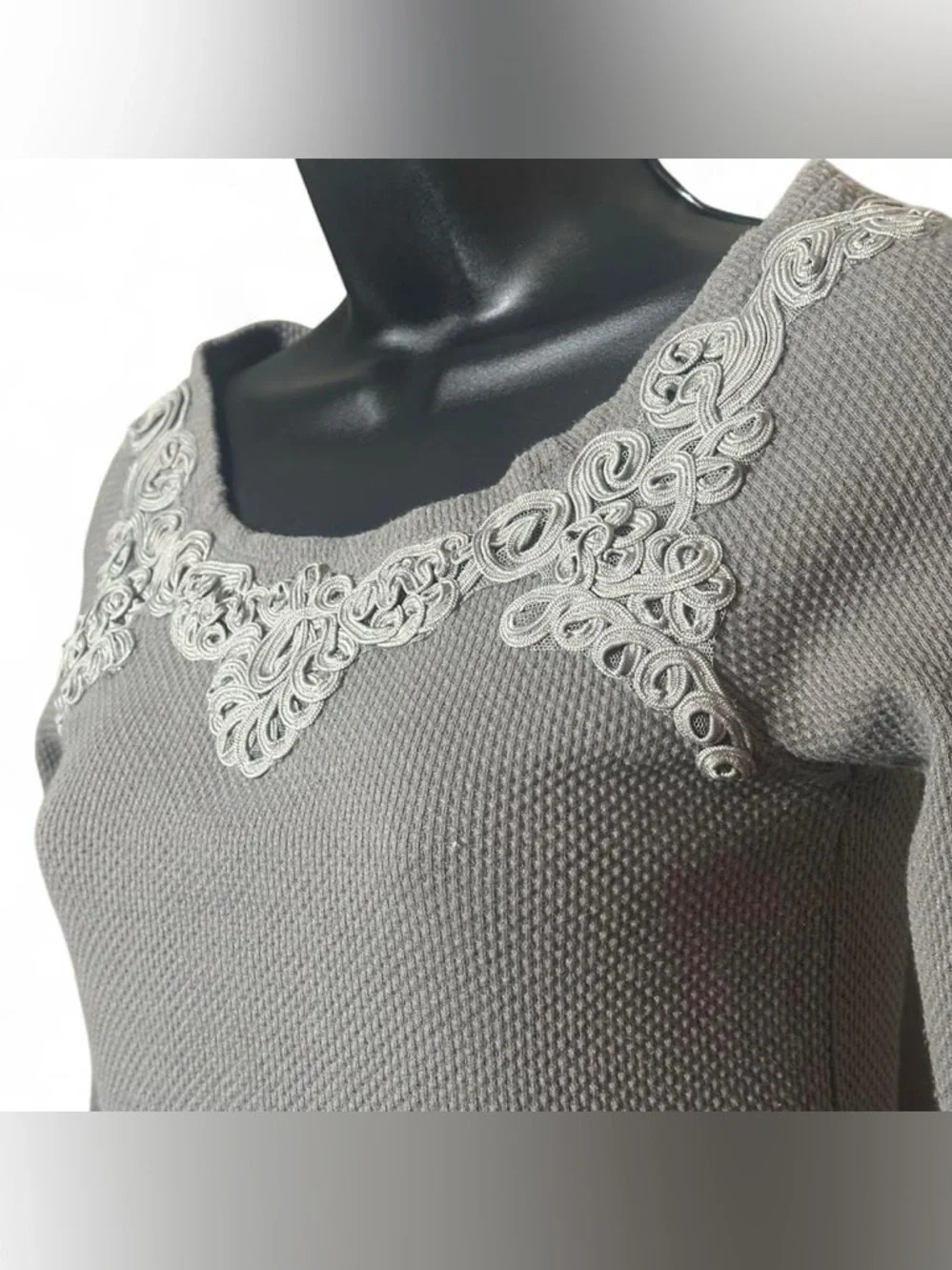 Free People Gray Lace & Ribbon Decorative Trimmed Waffle Knit Top‎